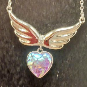 925 Sterling Silver Angel Wings Necklace with Fish Scale Stone Pendant